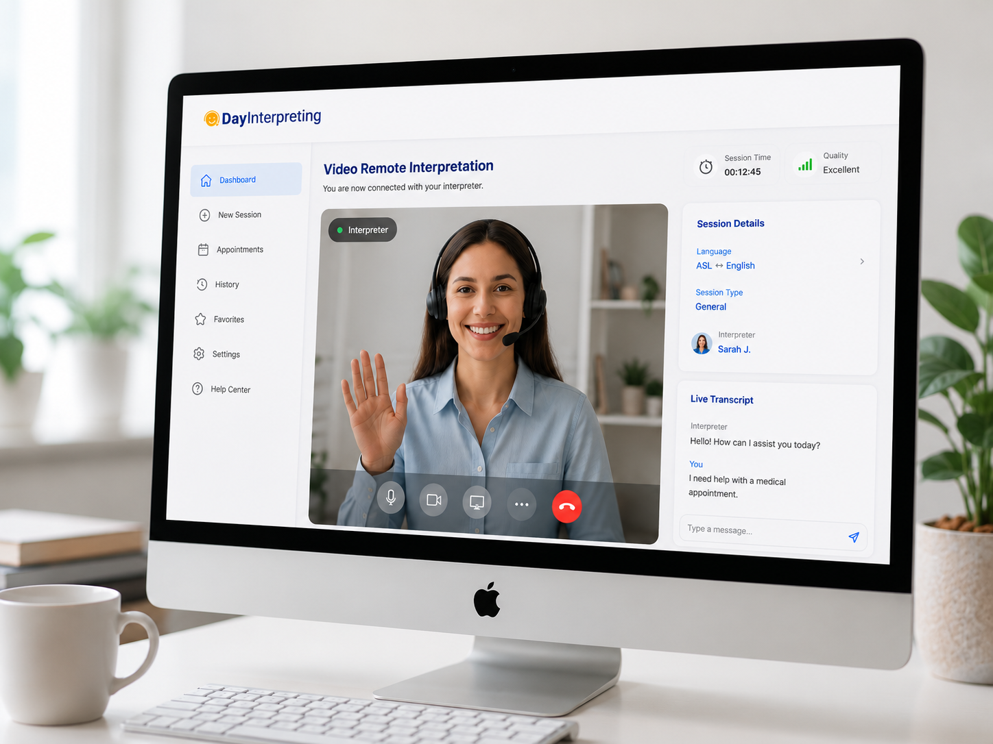 Video remote interpretation session on desktop